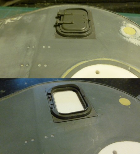 New loaders hatch.jpg (250.45 KiB) Viewed 3752 times By carefully matching the aperture and Tamiya Hatch base you acheive minimal filling.<br /> The underside was reinforced with 1.5mm styrene and then the aperture dremelled out.