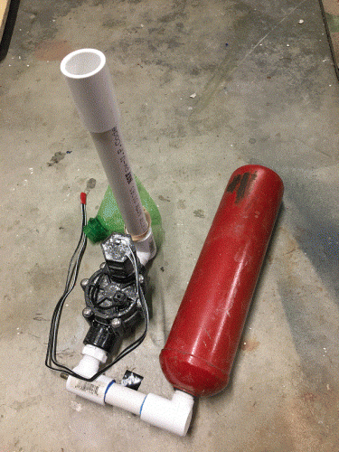 AIr Cannon made with an old 5 LB fire extinguisher and a 24volt sprinkler solenoid valve 1&quot; diameter and a Turnigy remote switch that the box triggers with a hit