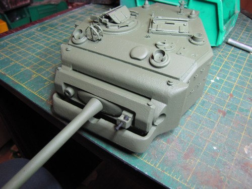 Turret after colour coat, showing rough surface.  Periscopes caps yet to be fitted