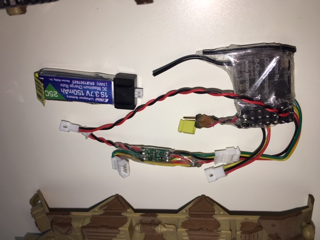 Low voltage DSM2 rx, Das87 ESC, 130 mah 1s lipo. custom wiring harness allows the stock on\off switch to be used as main power switch.